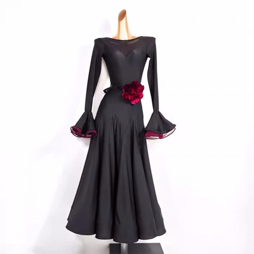 Women girls black wine rose flowers ballroom dance dresses for female flare sleeves waltz tango flamenco dancing long swing skirts for female